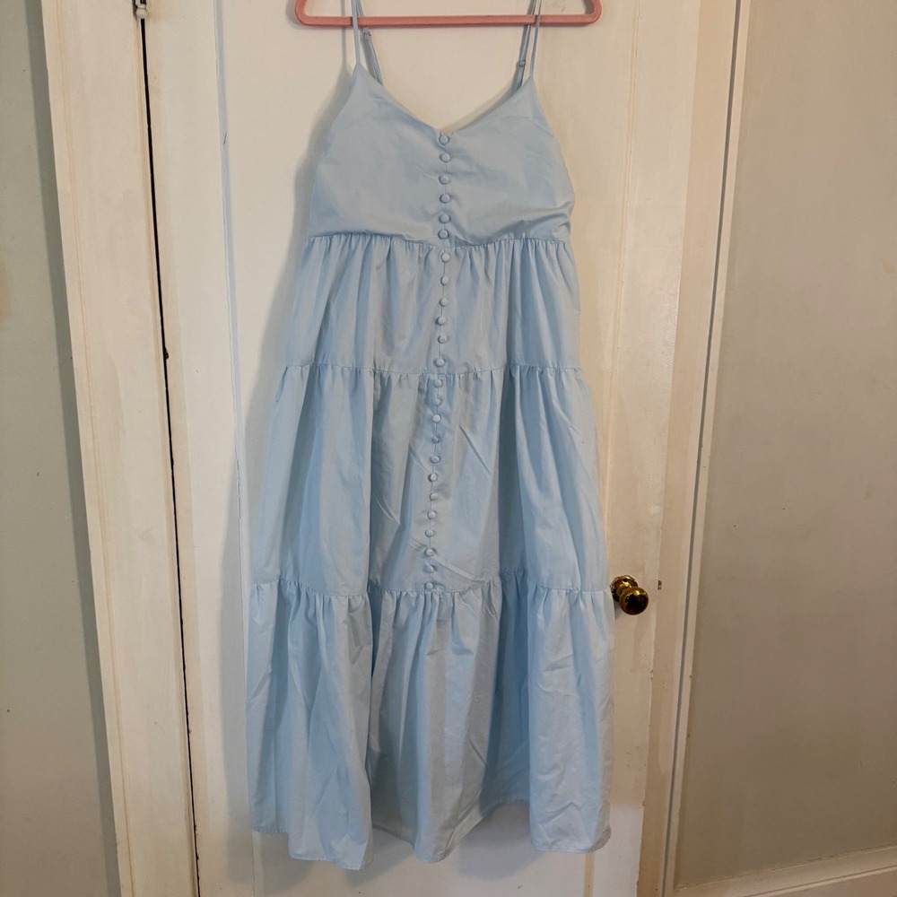 Emory Park Light Blue Tiered Maxi Dress Button Front Adjustable Straps Womens L
